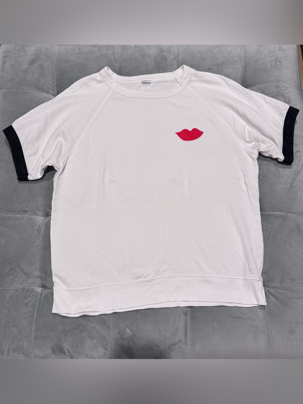 Clare V Surrealism Red Lips Black White Ringer Sweat Shirt Short Sleeve Top M